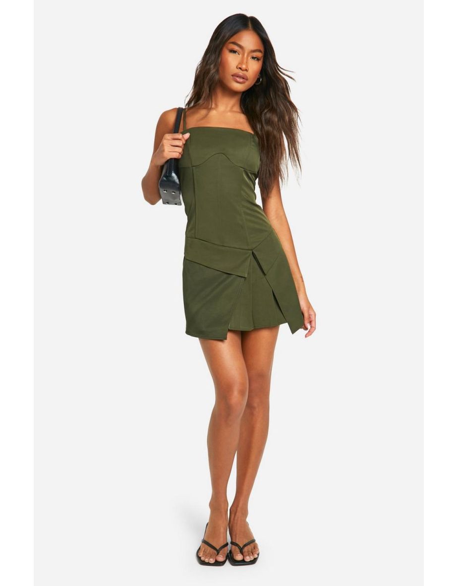 Seam Detail Pleated Skirt Mini Dress - khaki