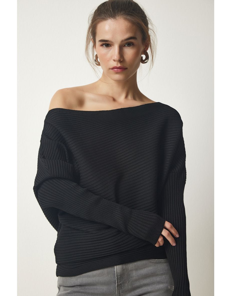 Women's Black Asymmetrical Collar Corduroy Sweater