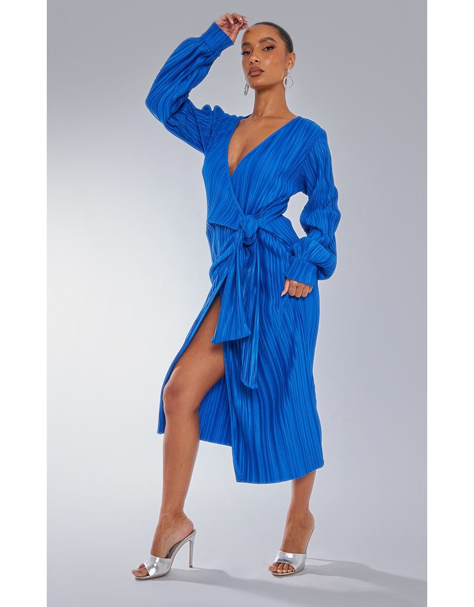 Shop Bright Blue Plisse Long Sleeve Wrap Midi Dress Online in Kuwait VogaCloset