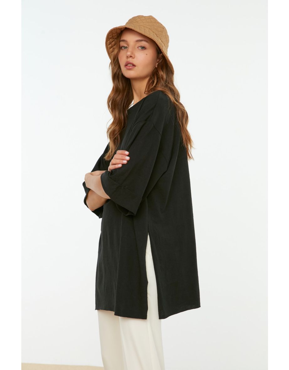 Black Double Sleeve Wide Cut Asymmetrical Boyfriend Knitted T-Shirt