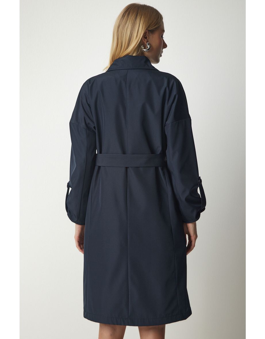 Women's Navy Blue Belted Seasonal Trench Coat - 6