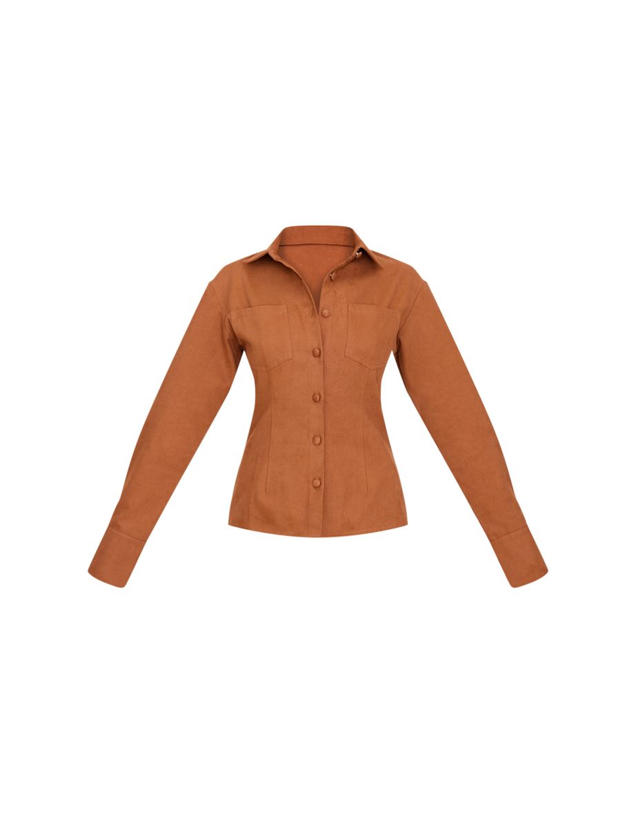 Tan Twill Button Up Cinched Waist Shirt - 4