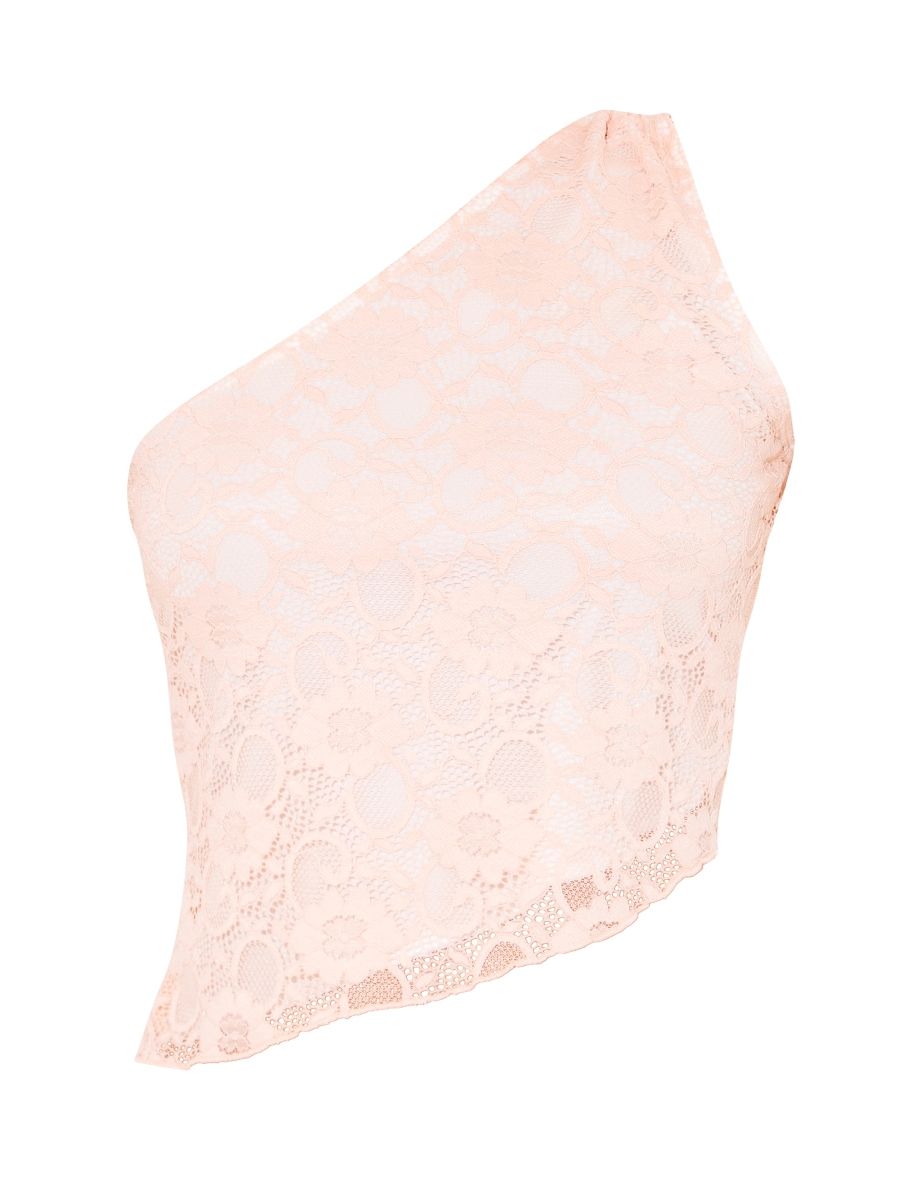 Pale Pink Lace Ruched Side One Shoulder Asymmetric Hem Top - 4