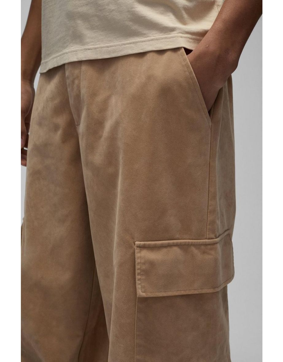 Fixed Waist Baggy Heavyweight Suede Cargo Trousers - beige - 2