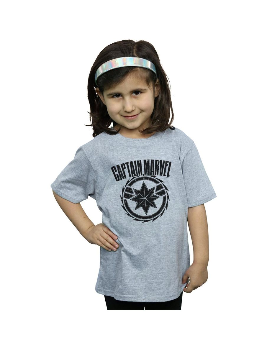 Marvel Girls Captain Marvel Blade Emblem Cotton T-Shirt - Sports Grey
