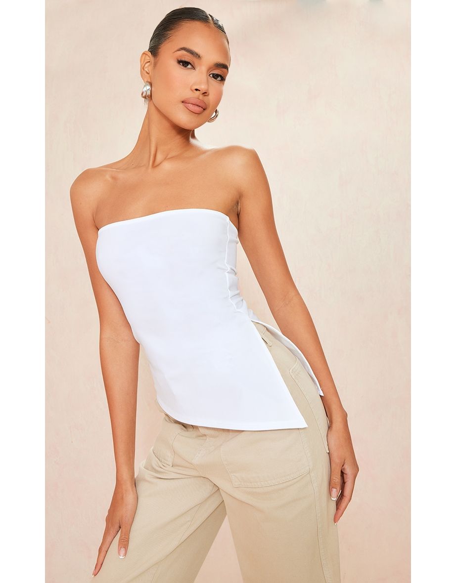 Pretty Little Thing White Slinky Bandeau Asymmetric Split Hem Longline Top  Size 4 - $18 New With Tags - From Cait