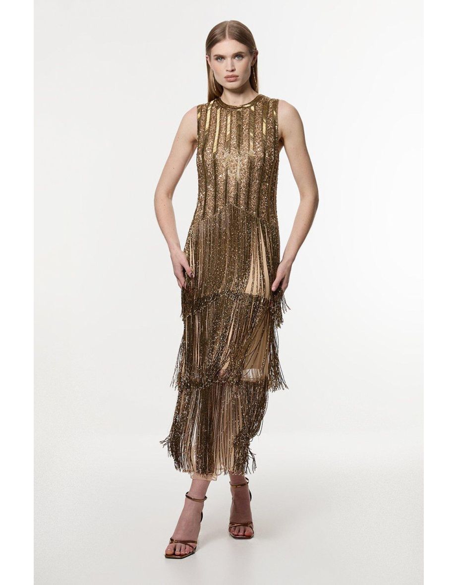 Embellished And Beaded Layered Fringing Woven Midi Dress