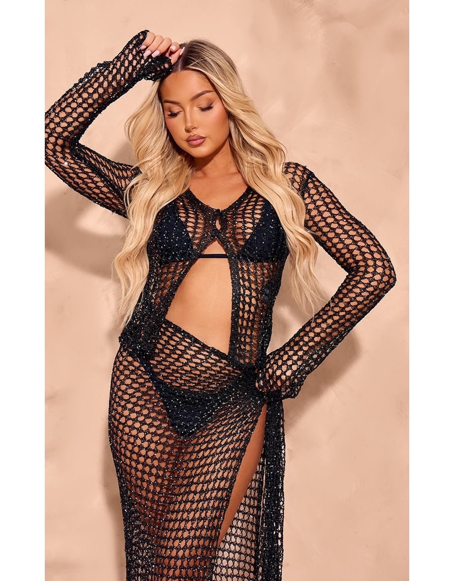 Black Sequin Knit Beach Shirt