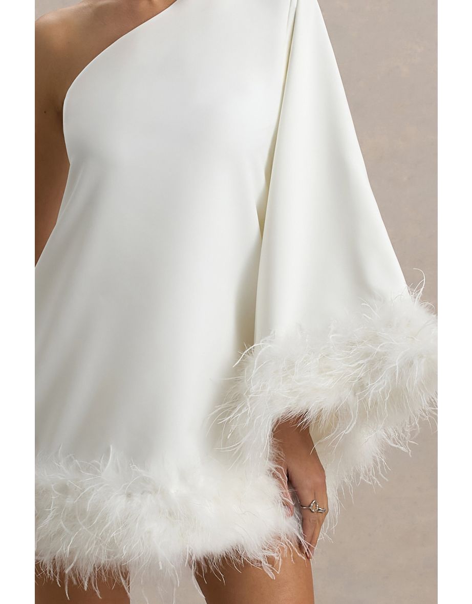 Epiphany | White Asymmetric Cape Sleeve Mini Dress With Feathers - 5