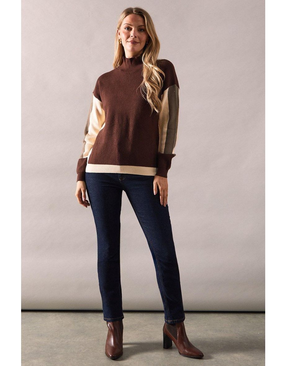 Colour Block High Neck Ribbed Jumper