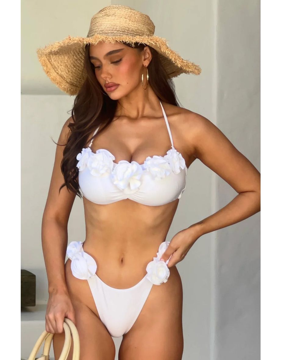 Rest | White Ruched Halter-Neck Bikini Top With Corsages