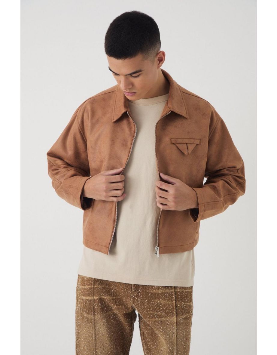 Boxy Washed Collared Harrington Jacket In Brown - brown - 2