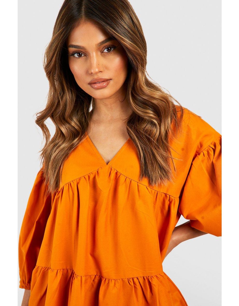 V Neck Tiered Smock Dress - orange - 3