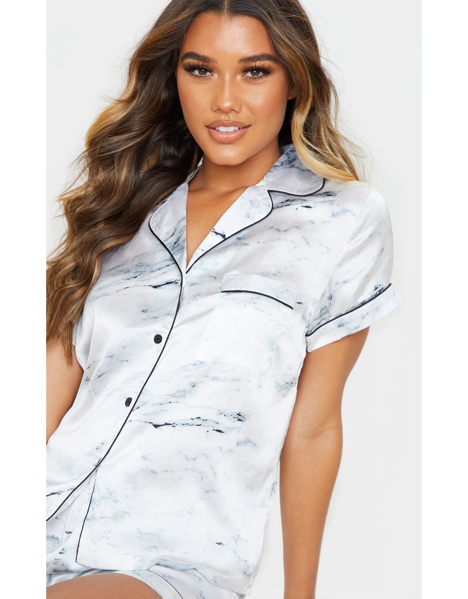 White Marble Print Satin Short Pj Set - 4