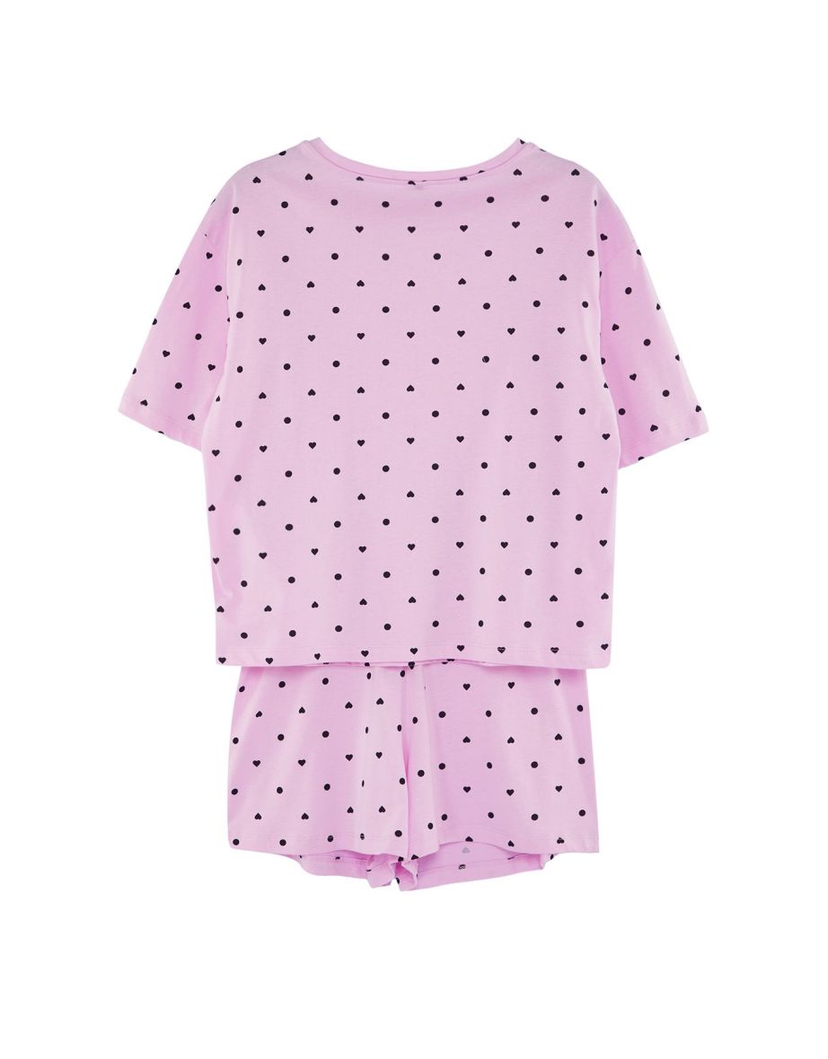 Pink 100% Cotton Heart Patterned T-shirt-Shorts Knitted Pajama Set - 6