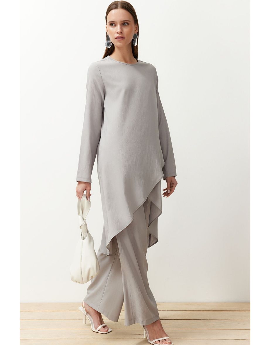 Gray Asymmetrical Woven Tunic Trousers Top and Bottom Set