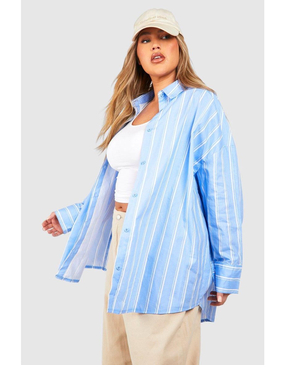 Plus Oversized Striped Cotton Poplin Shirt - blue