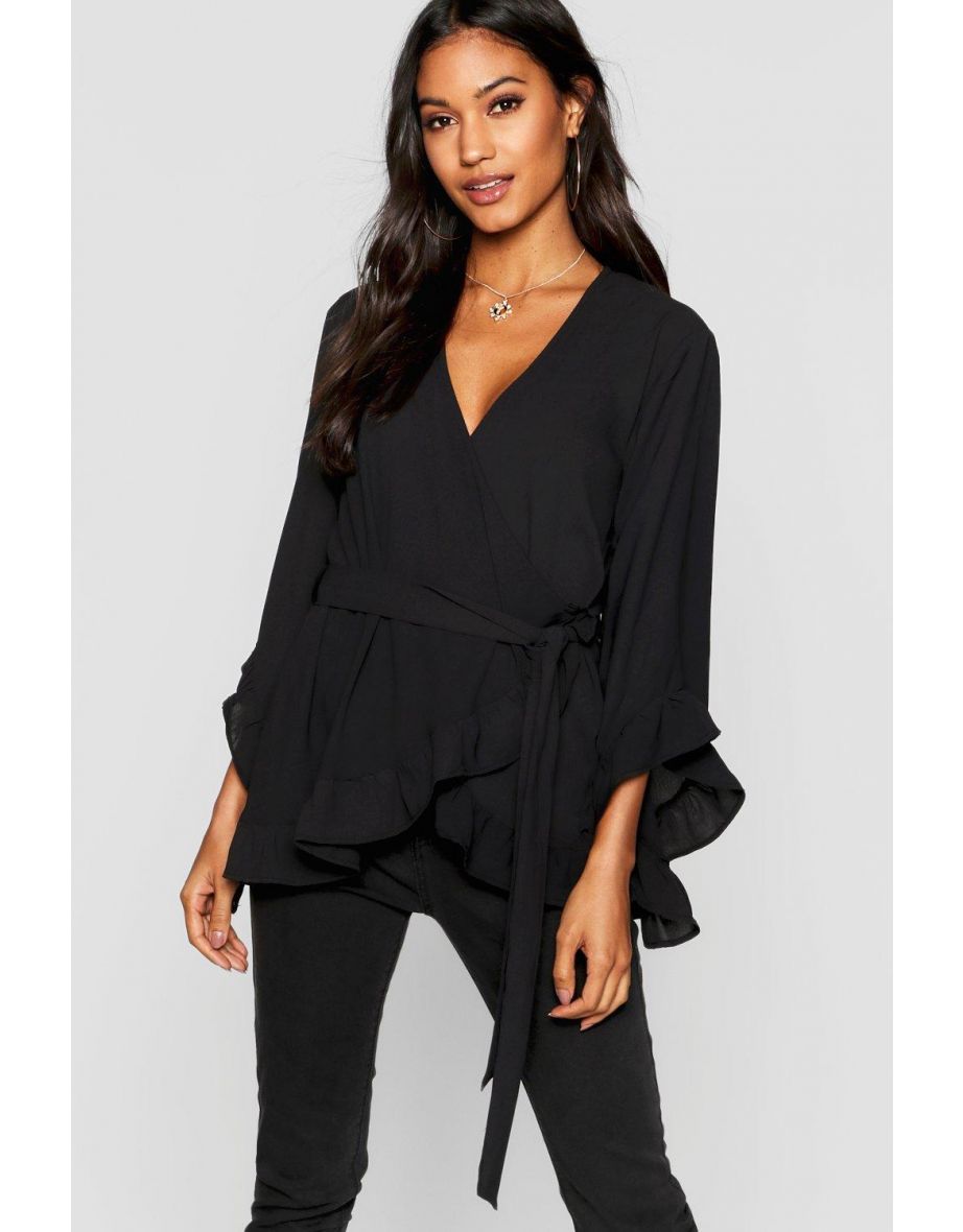 Ruffle Hem Wrap Blouse - black