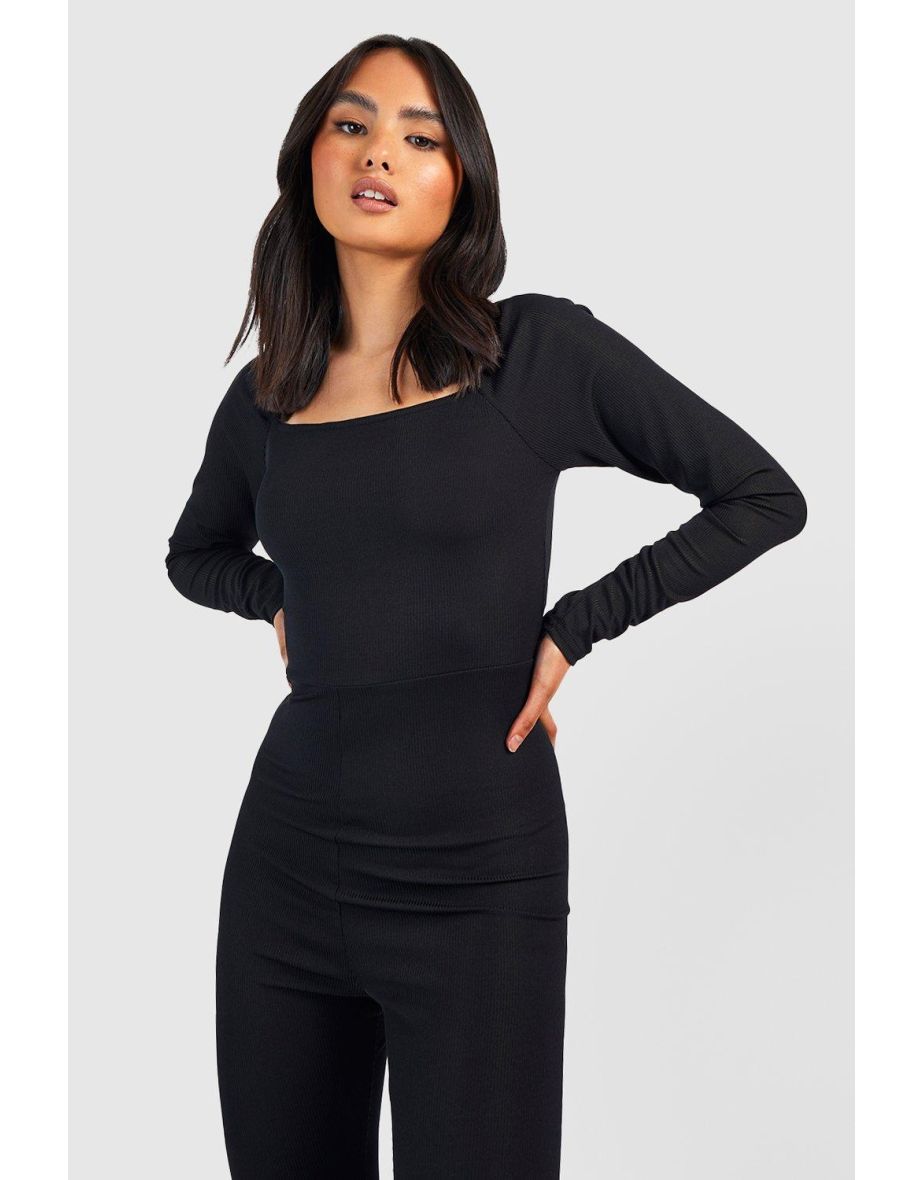 Basic Square Neck Rib Long Sleeve Unitard Jumpsuit - black - 3
