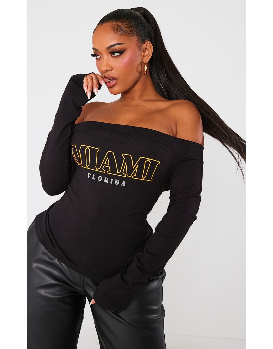 Shape Black Miami Printed Bardot Long Sleeve Top