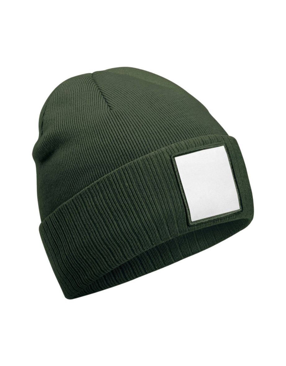 Beechfield Appliqué Patch Beanie - Olive Green/White