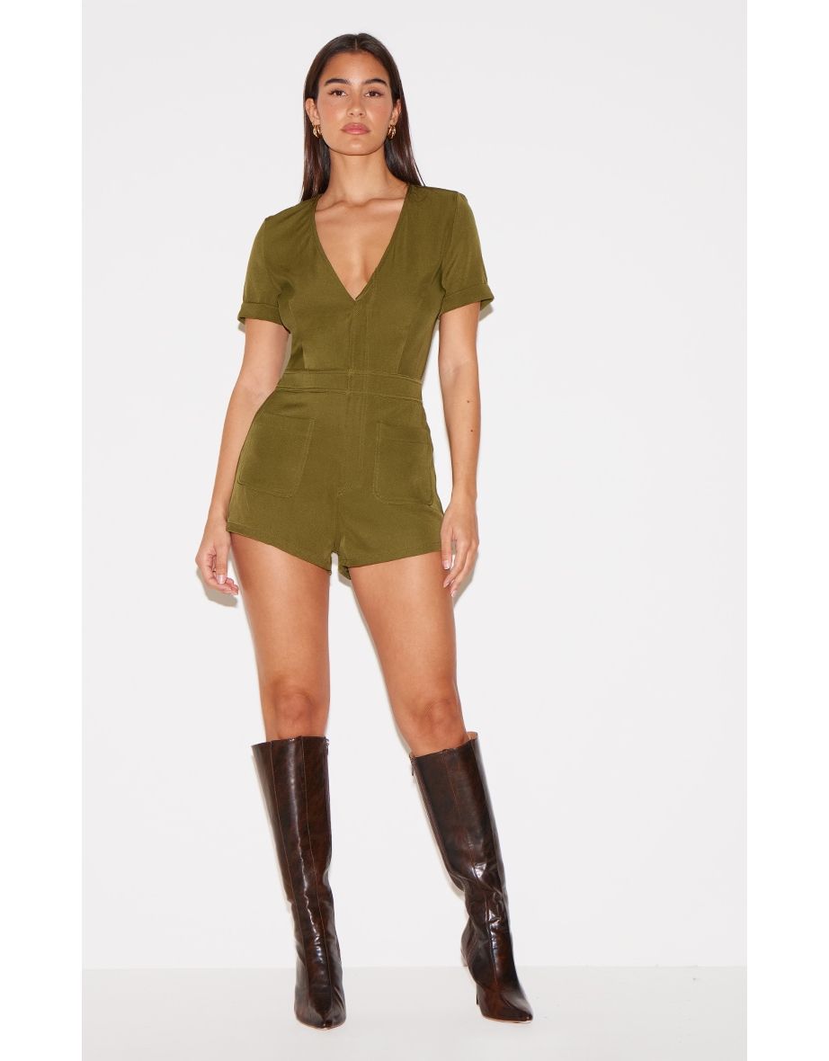 Khaki Woven Plunge Utility Short Sleeve Playsuit