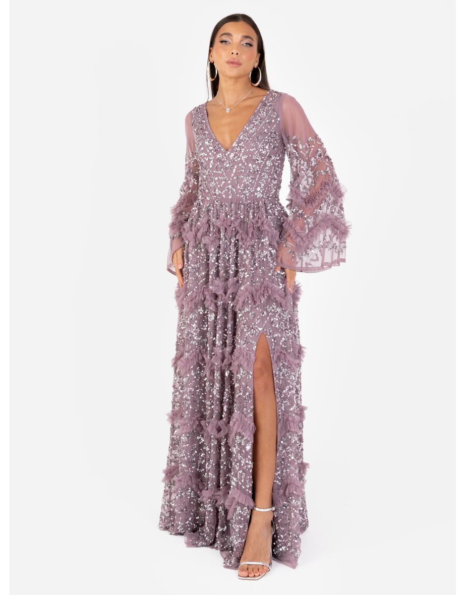 Maya Moody Lilac Fully Embellished Maxi Dress with Frill Detail