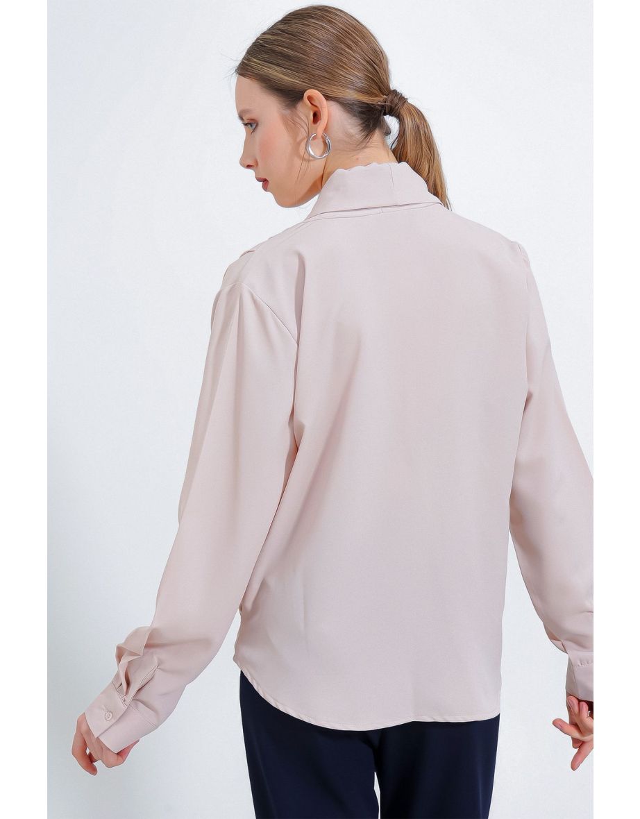 Women's Cream Double Breasted Neck Flowy Satin Blouse - 4