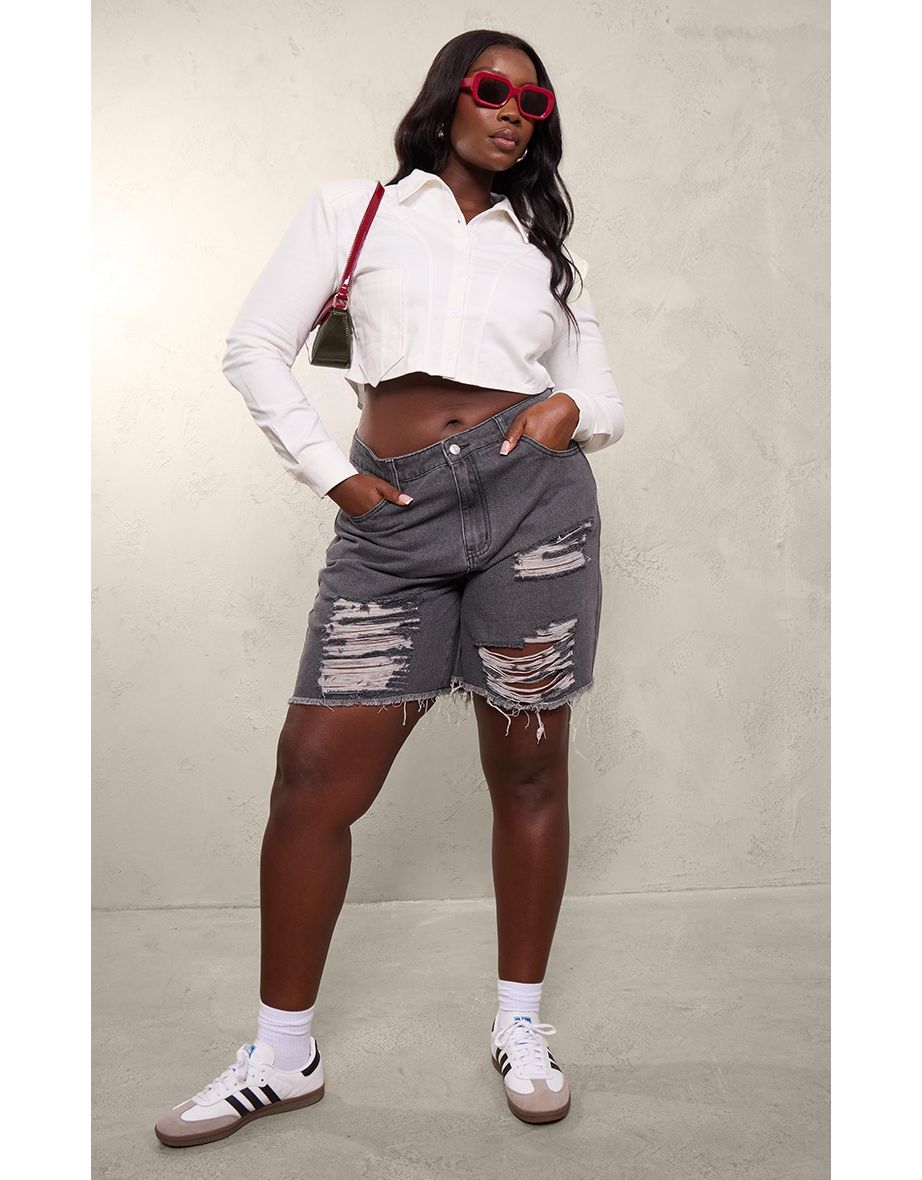 Shop Plus Black Wash Distressed Longline Boyfriend Shorts Online in Qatar VogaCloset