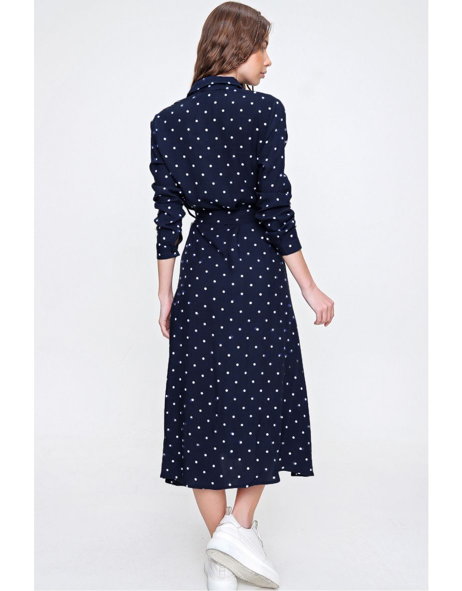 Women's Navy Blue Polka Dot Patterned Woven Viscon Shirt Dress - 1