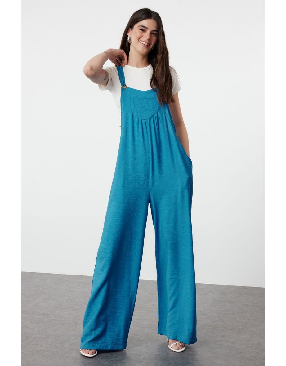 Indigo Gilet Form Wide Leg Maxi Linen Look Woven Jumpsuit