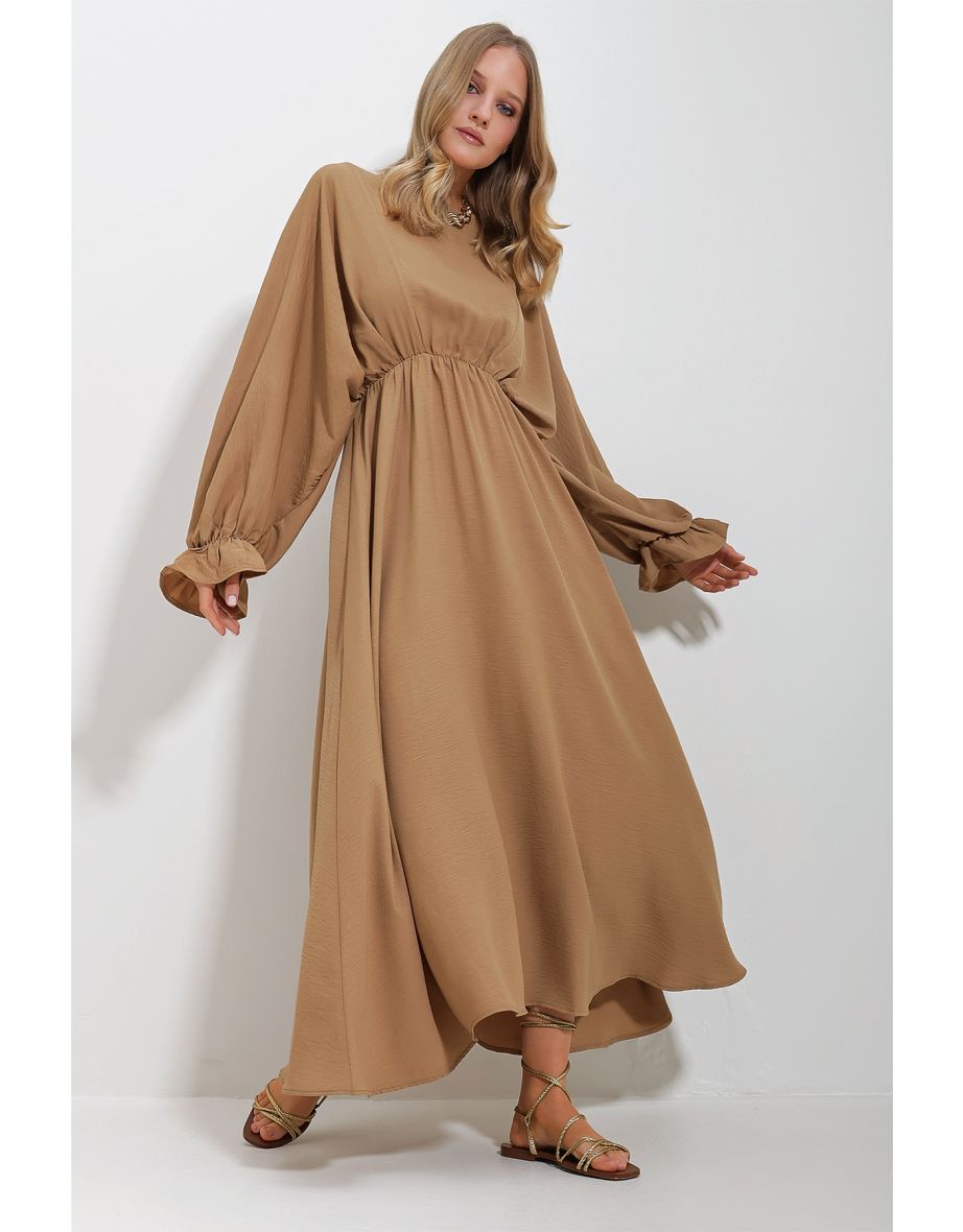 Women Camel Crew Neck Balloon Sleeve Aerobin Fabric Maxi Length Dress