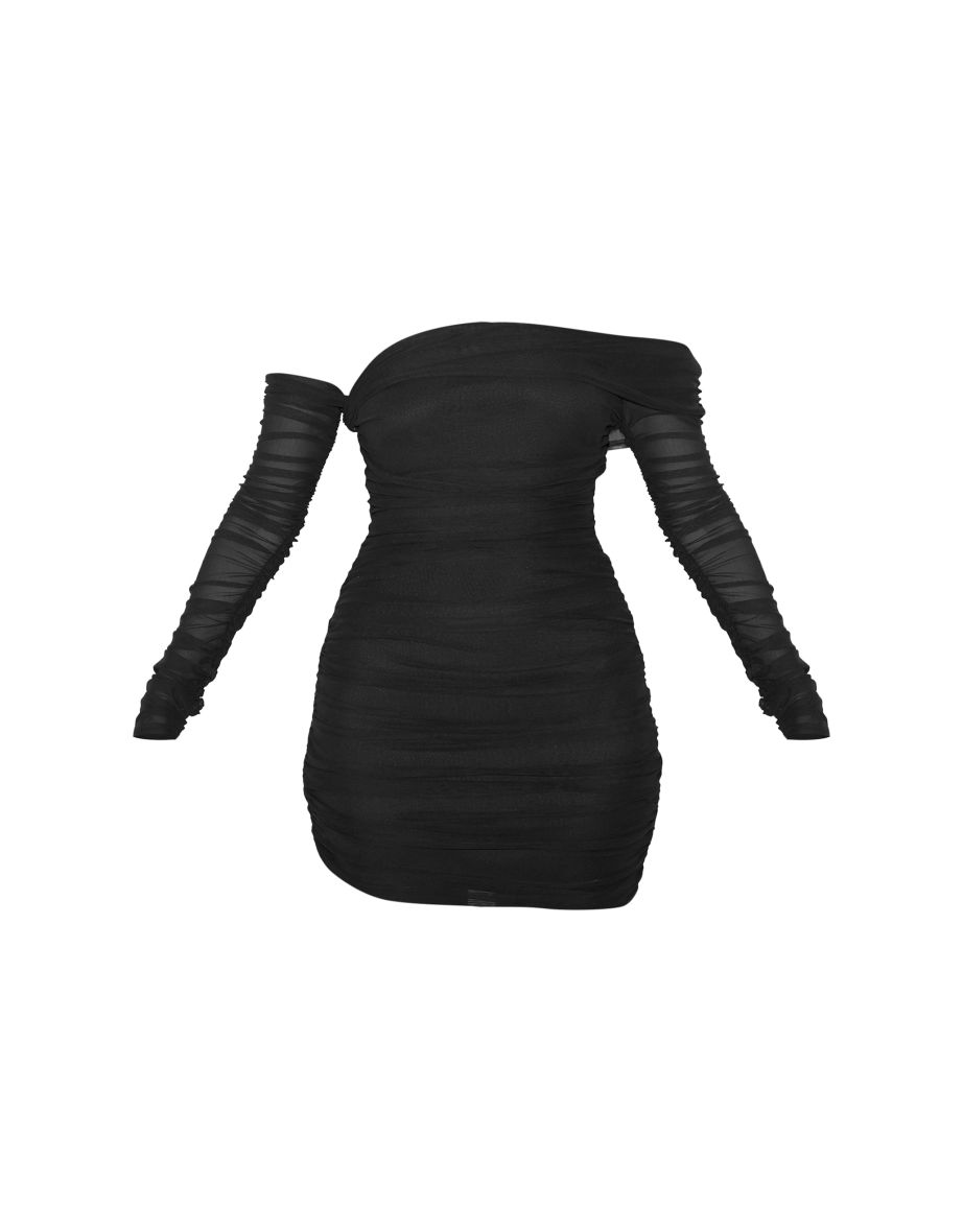 Black Layered Mesh Asymmetric Long Sleeve Mini Dress - 4