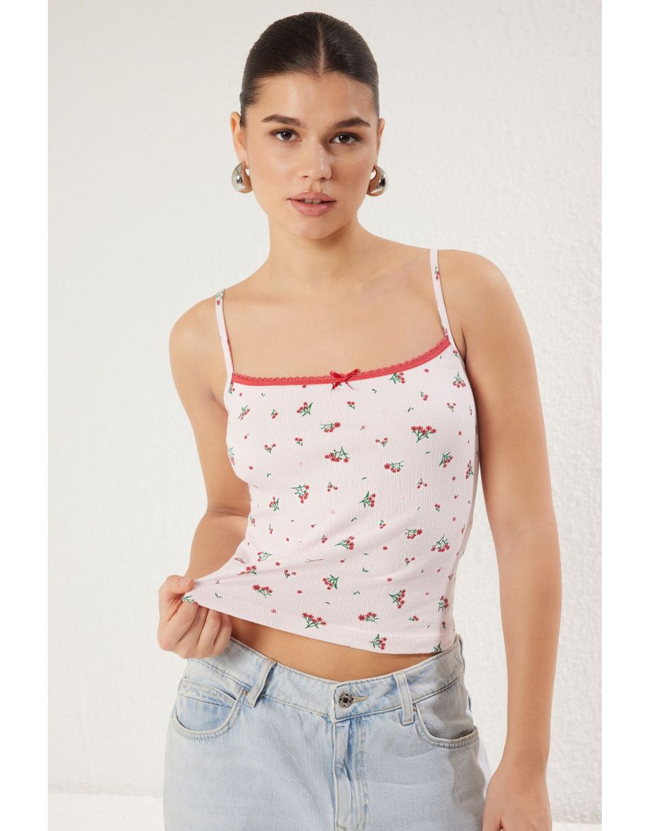 Pink Fitted/Fits the Body Printed Bow Detail Flexible Knitted Undershirt with Straps