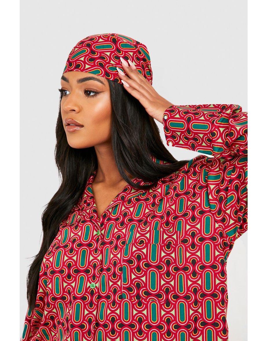 Tall Retro Print Oversized Shirt & Headscarf - green - 3