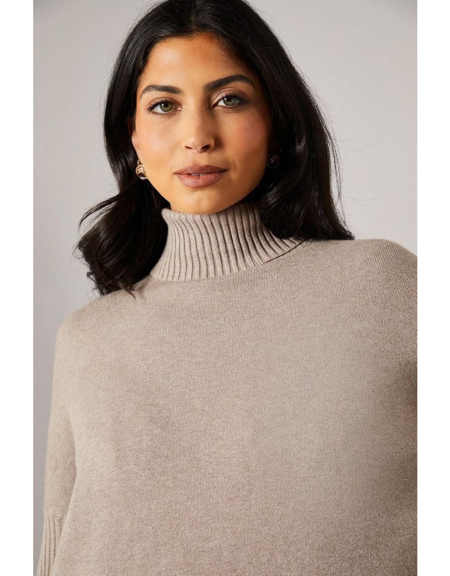 Fringed Hem Roll Neck Poncho - 3