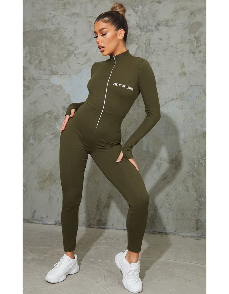 PRETTYLITTLETHING Khaki Embroidered Zip Front Catsuit