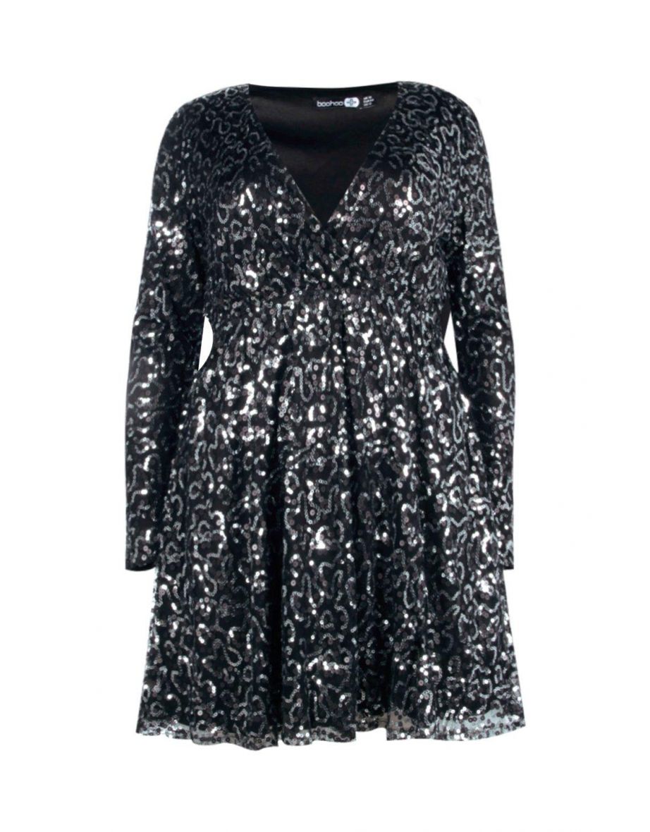 Plus Sequin Wrap Skater Dress - black - 1