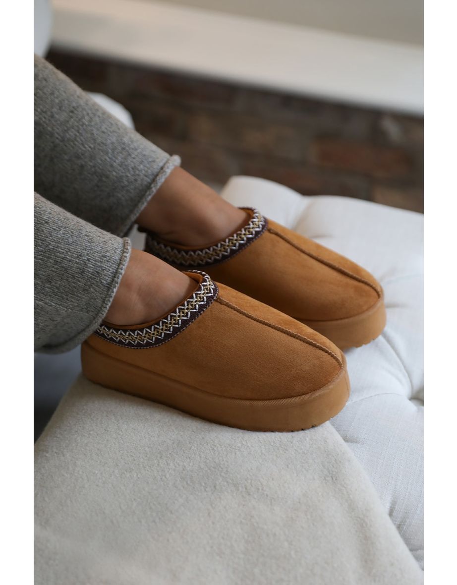 ALLEGRA FLATFORM EMBROIDERED LOW ANKLE SLIPPER BOOTS IN CHESTNUT SUEDE