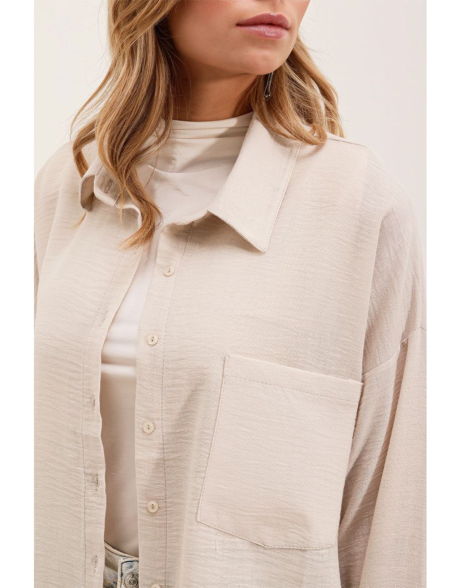 Single Pocket Oversize Linen Shirt - Cream - 4