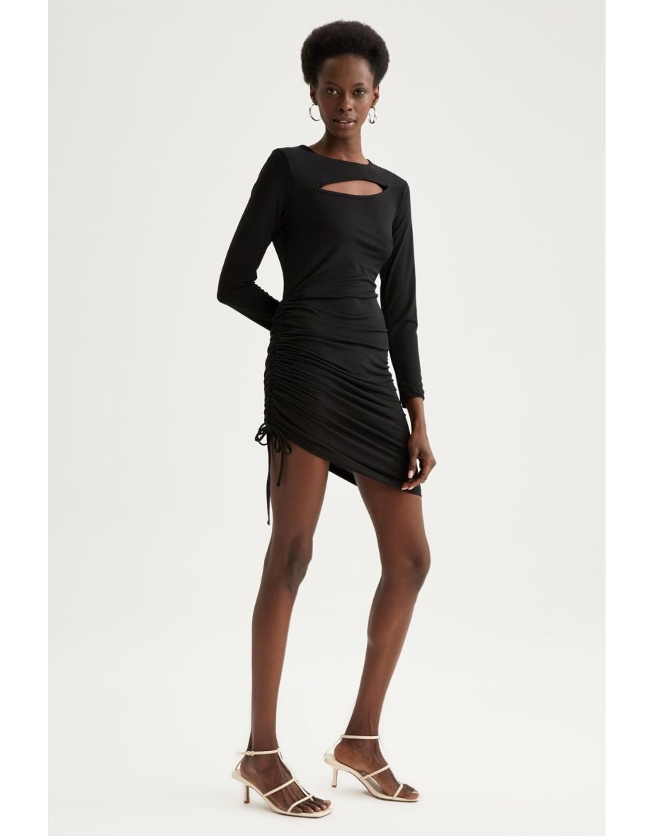 Bodycon Crew Neck Long Sleeve Cutout Detailed Mini Dress
