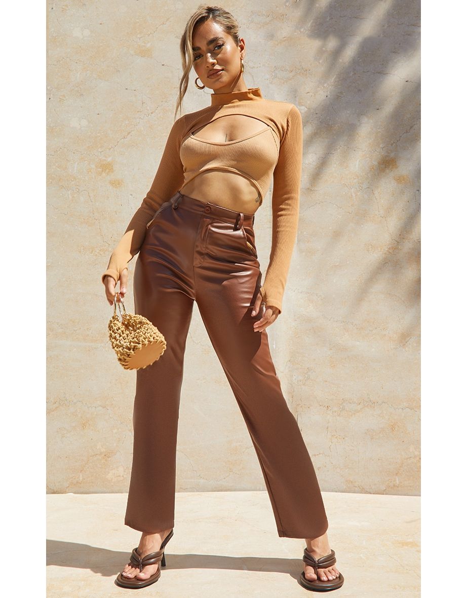 Trousers, Petite Faux Leather High Waist Straight Leg Trouser