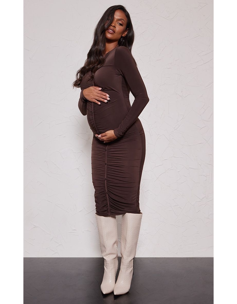 Maternity Mesh Ruched Long Sleeve Midi Dress Boohoo, 46% OFF