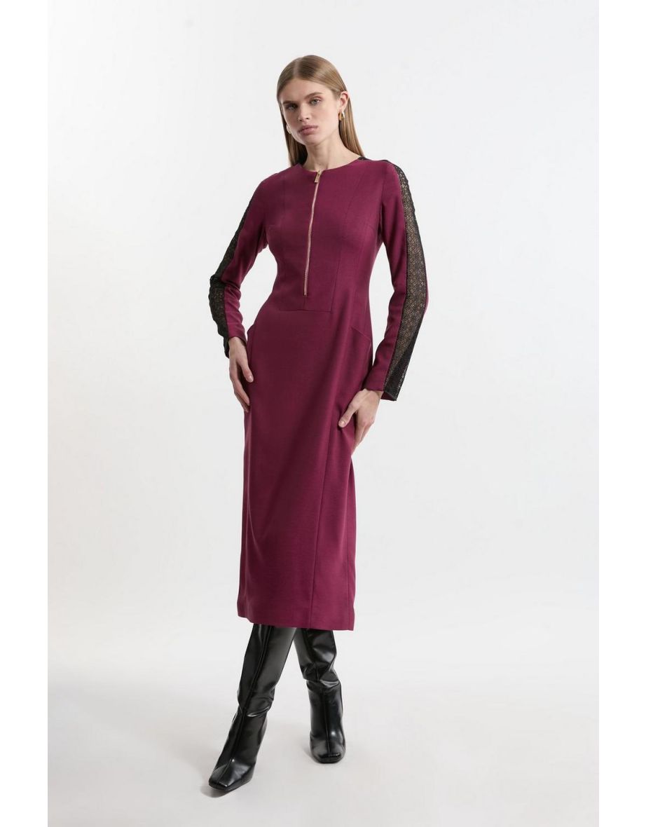 Tailored Twill Lace Mix Zip Front Midi Dress