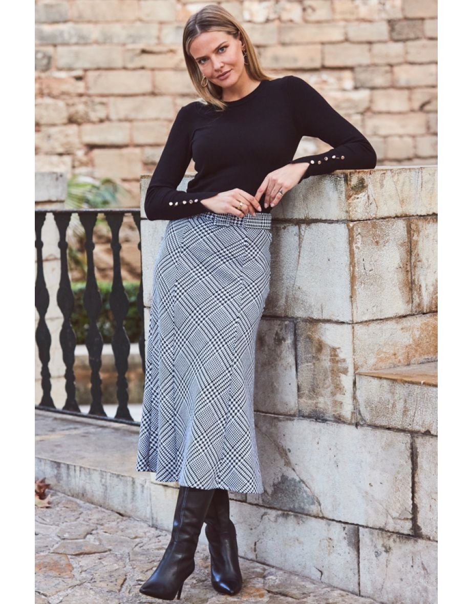 Black & White Dogtooth Print Belted Midaxi Skirt