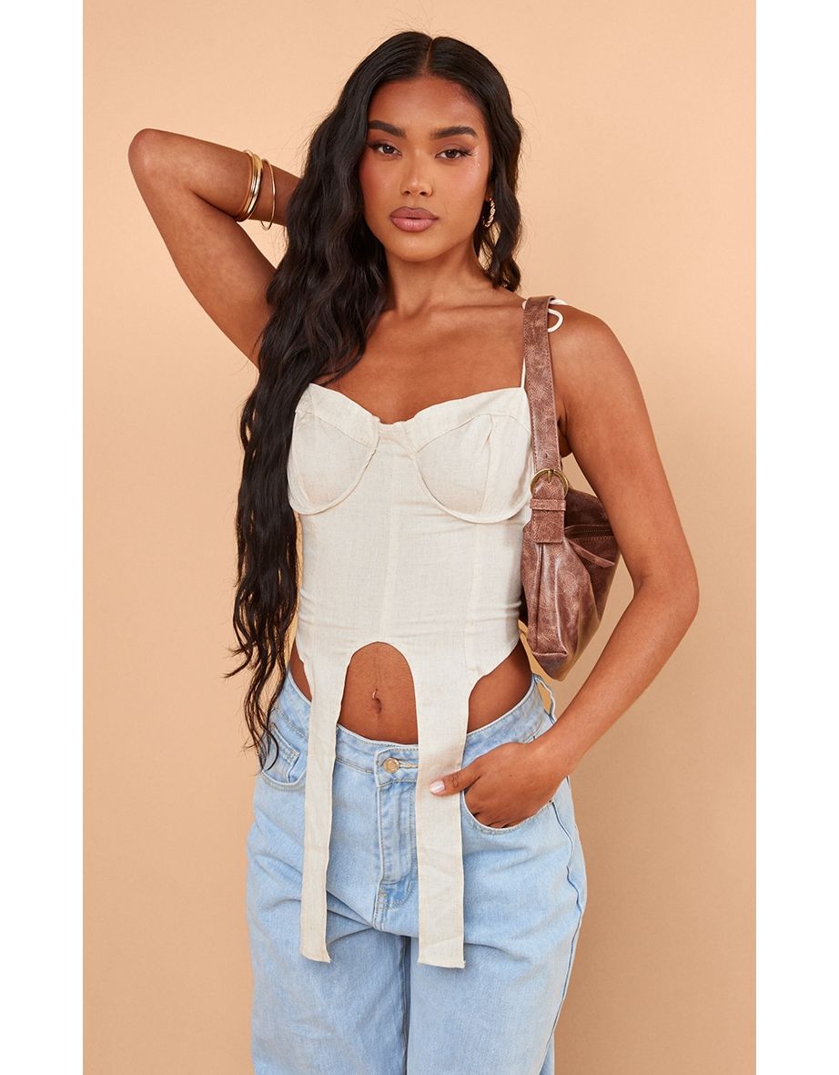 Shop Stone Bead Detail Lace Up Back Linen Look Top Online in Bahrain VogaCloset