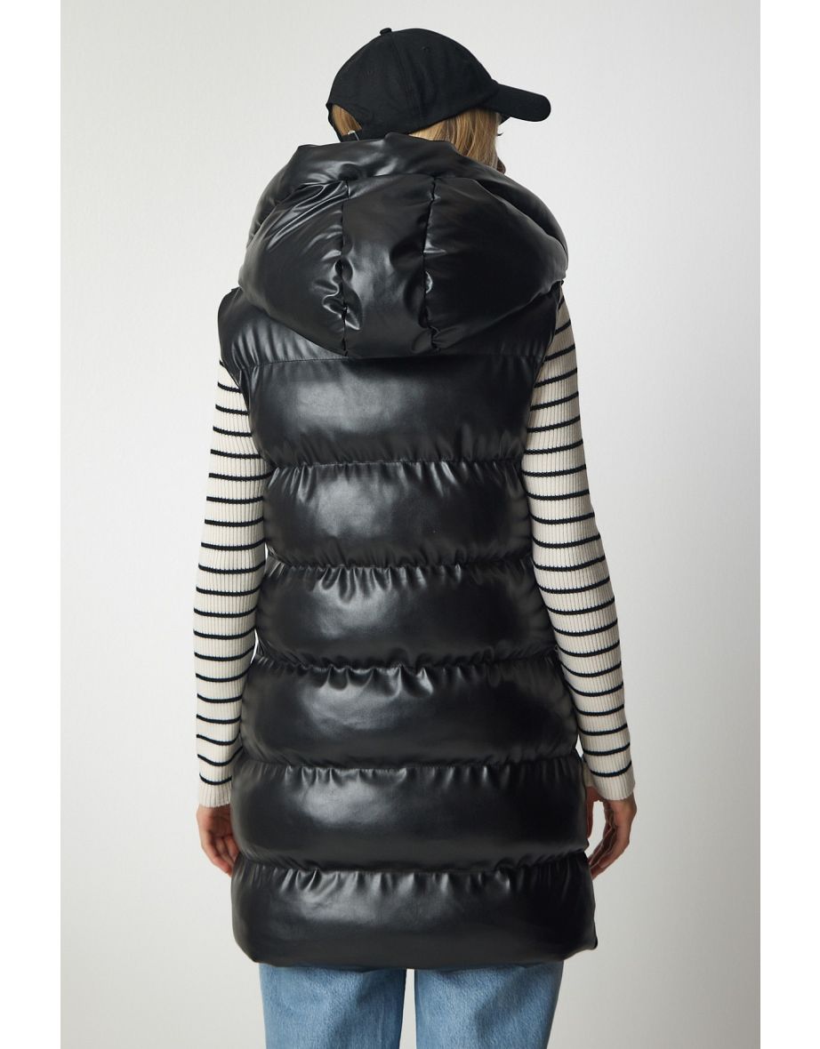 Women's Black Hooded Long Inflatable Faux Leather Vest - 8