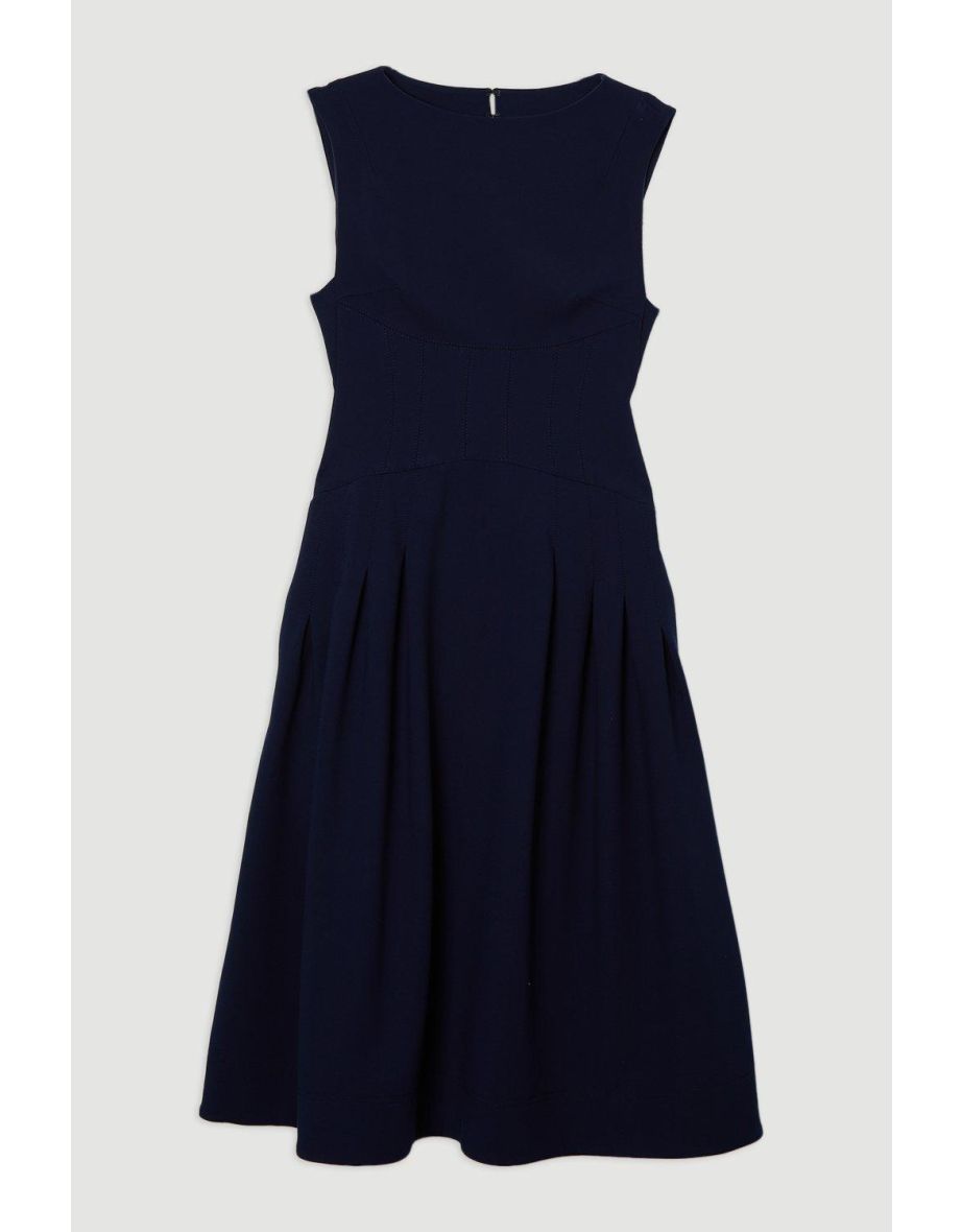 Compact Stretch Open Back Full Skirted Tailored Midi Dress - 3