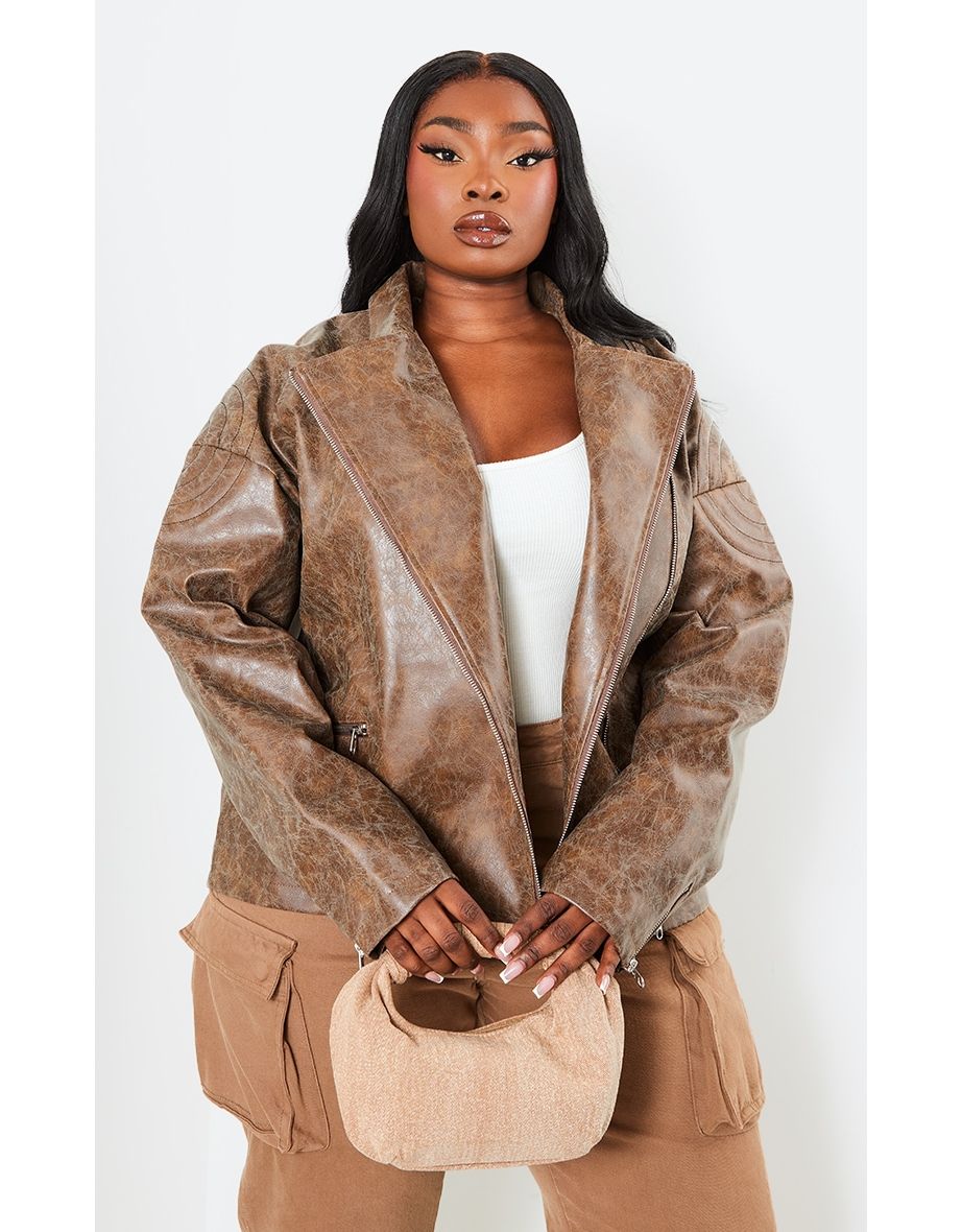 Shop Plus Brown Oversized Faux Leather Distressed Look Biker Jacket Online in Qatar VogaCloset