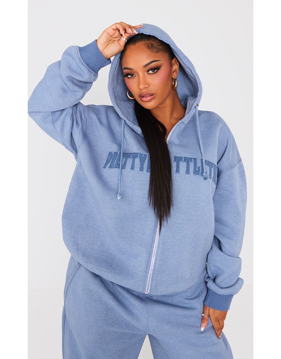 Shop PRETTYLITTLETHING Shape Petrol Blue Embroidery Washed Zip Through Hoodie Online in Saudi Arabia VogaCloset